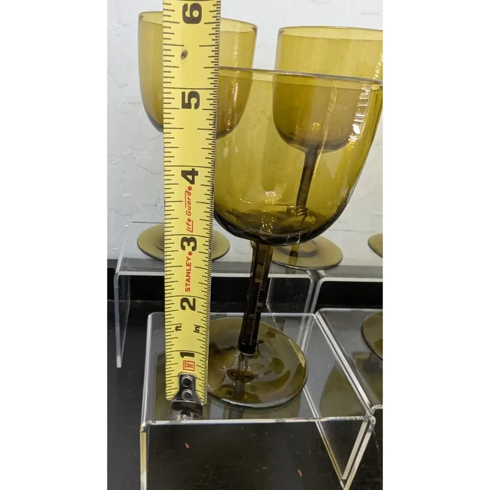 Hand Blown Dark Amber Wine Cordial Glasses Vintage Lot Of 9 MCM Olive Green